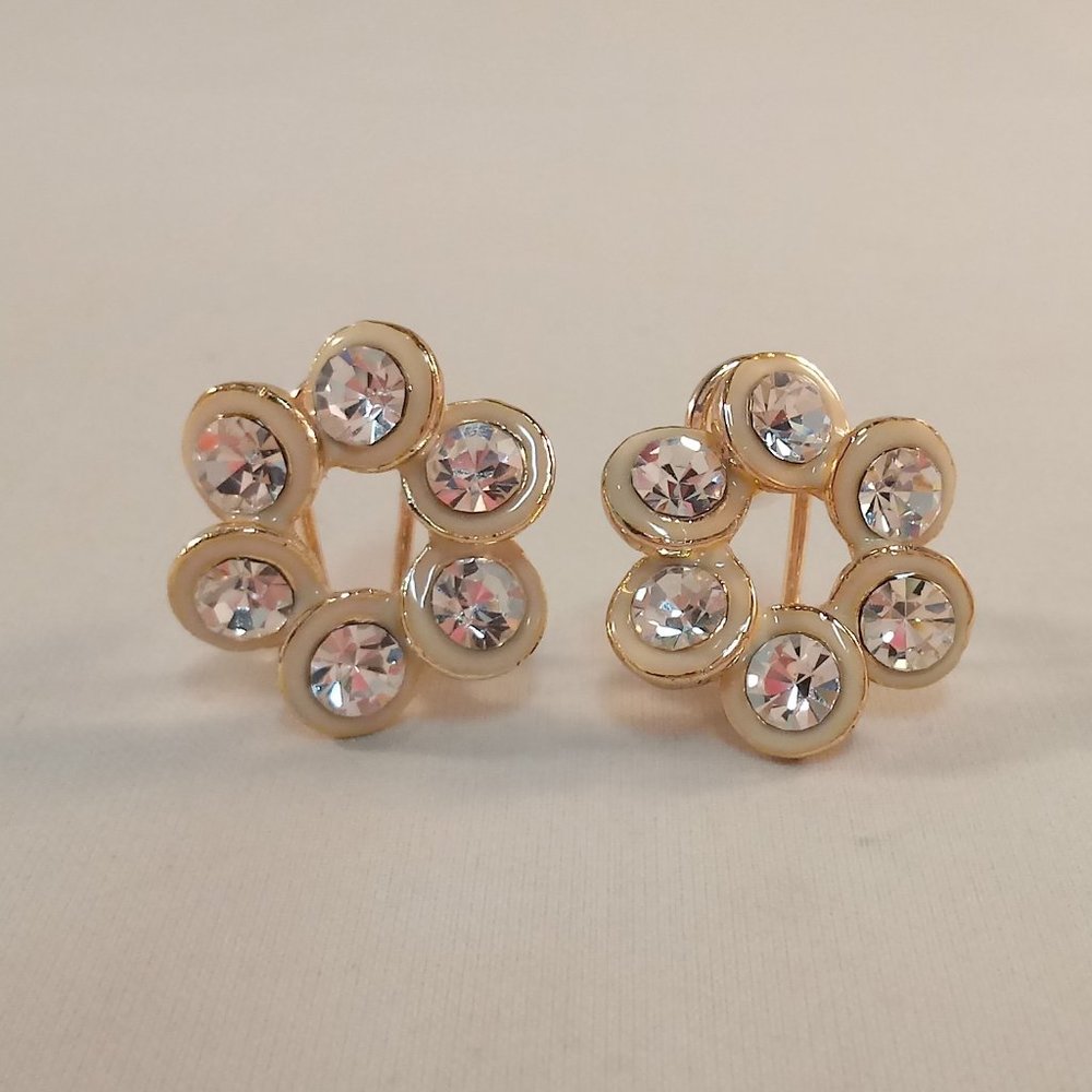 18K Yellow Gold Plated Swirl Flower Crystal Stud Earrings - Picture 1 of 6